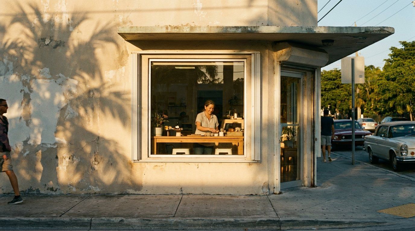 A small storefront in Miami at golden hour