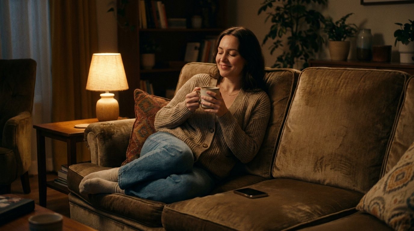 The boutique owner relaxing with tea
