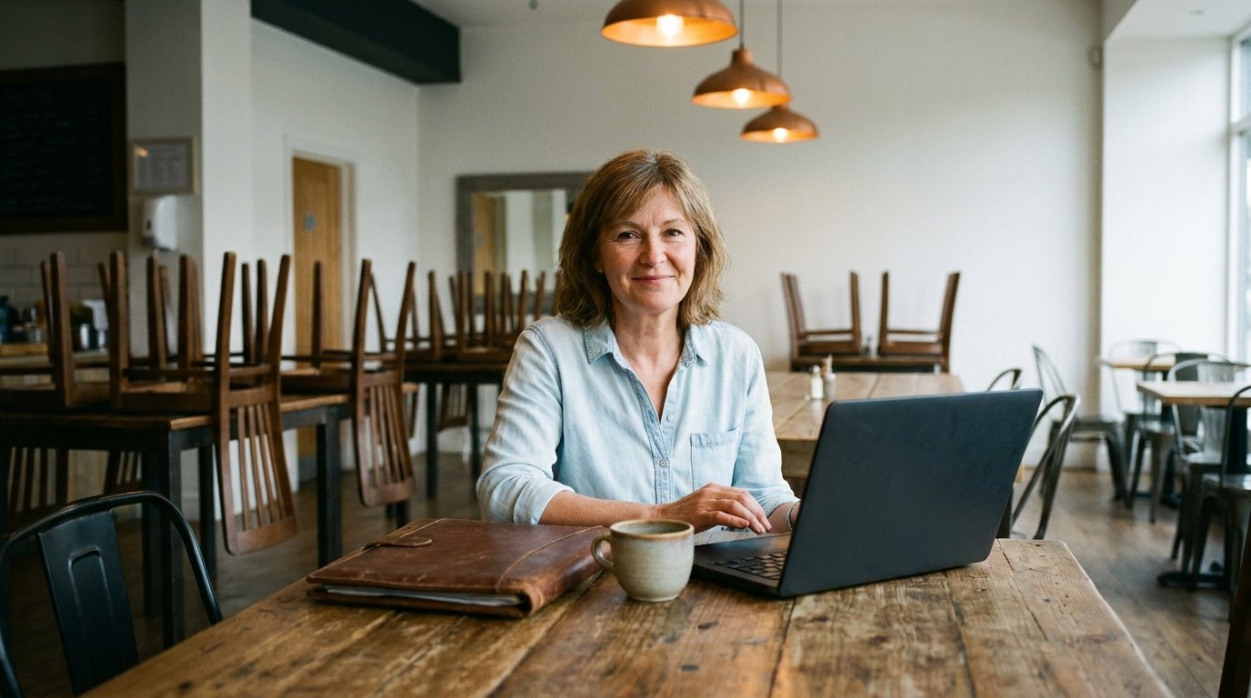 The cafe owner calm at a tidy table