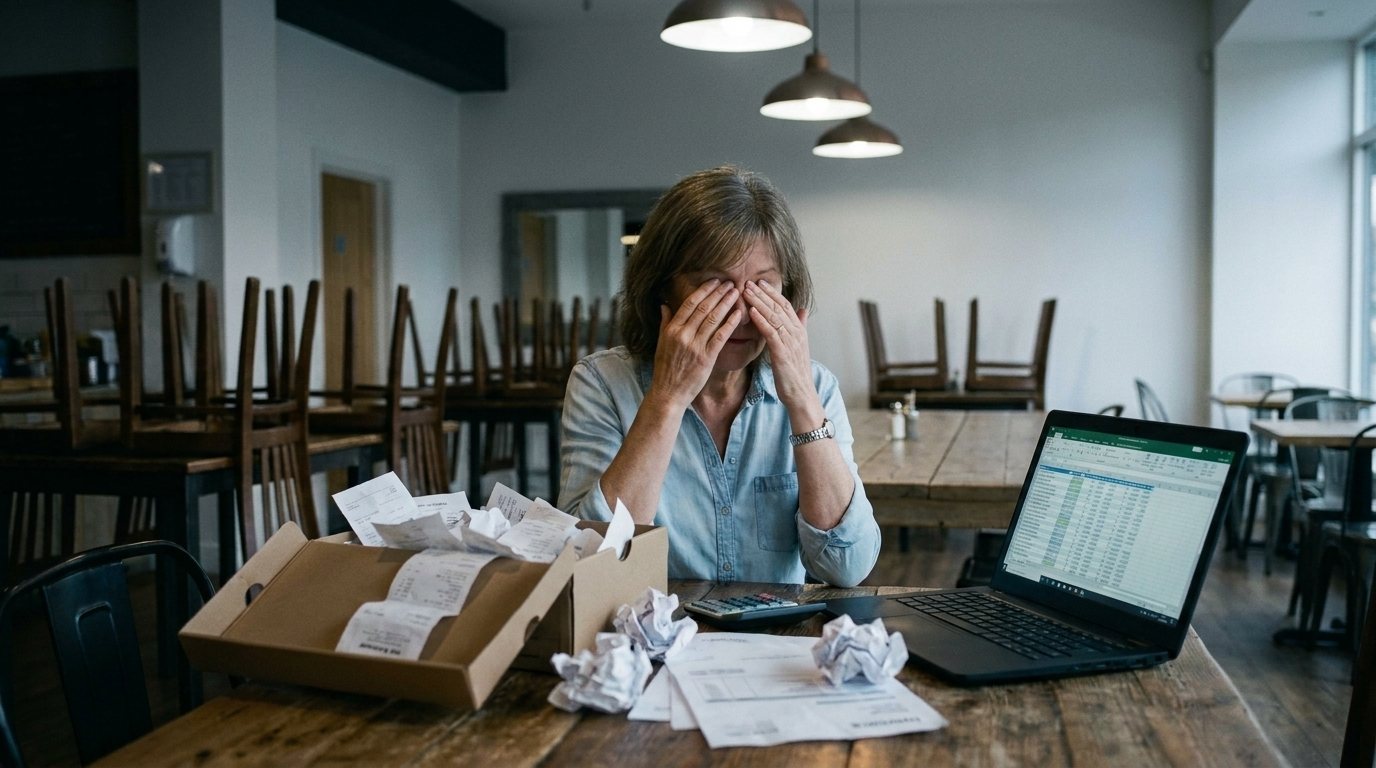 A cafe owner with a shoebox of receipts