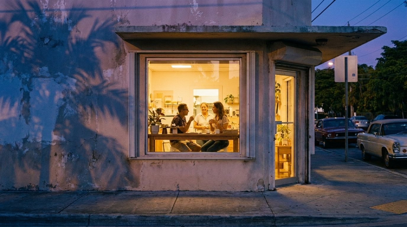 The storefront in the evening, lit and busy