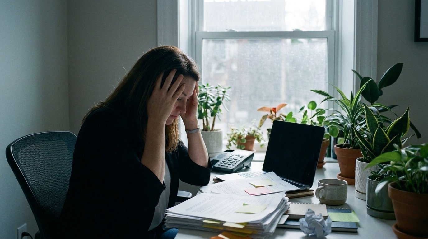 An overwhelmed agent at a messy desk