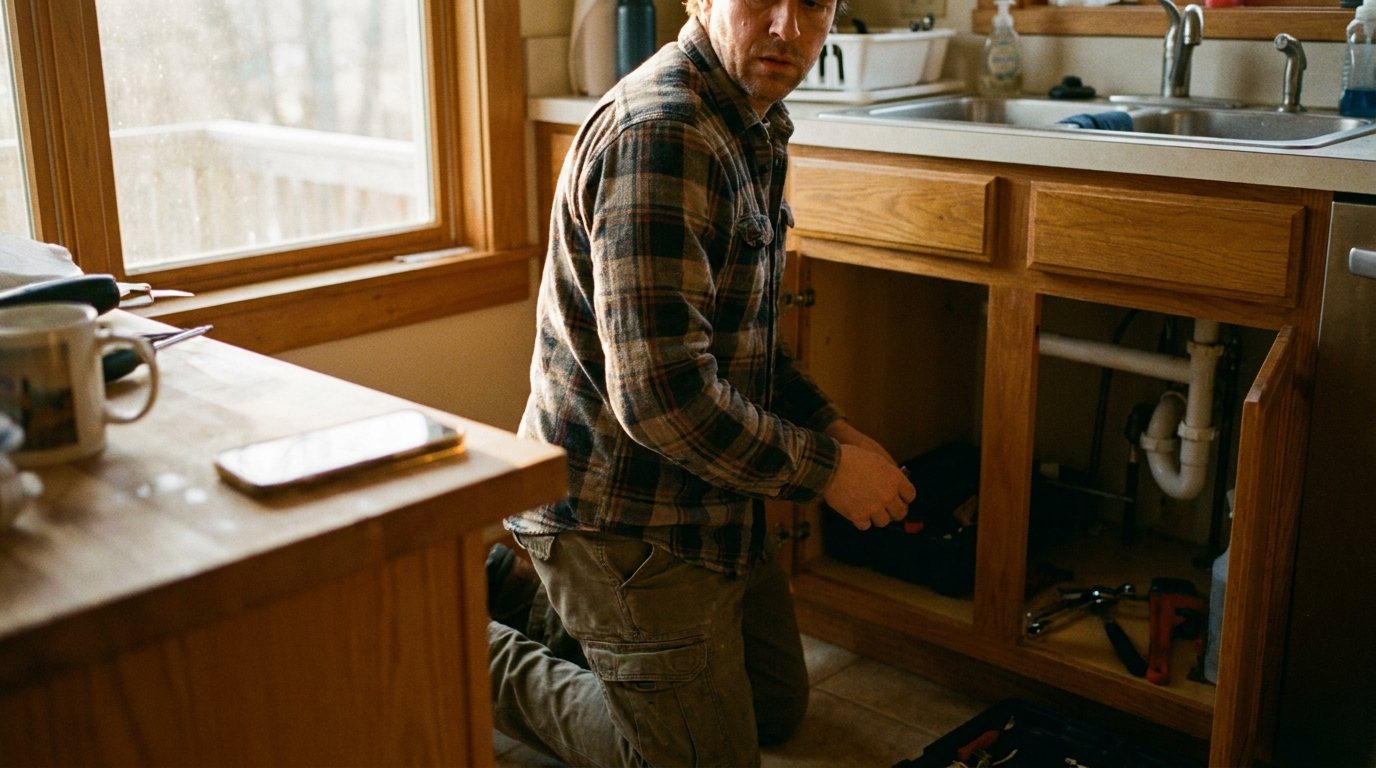 The plumber calmly finishing the repair