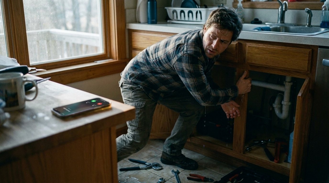 A plumber under a sink while the phone rings