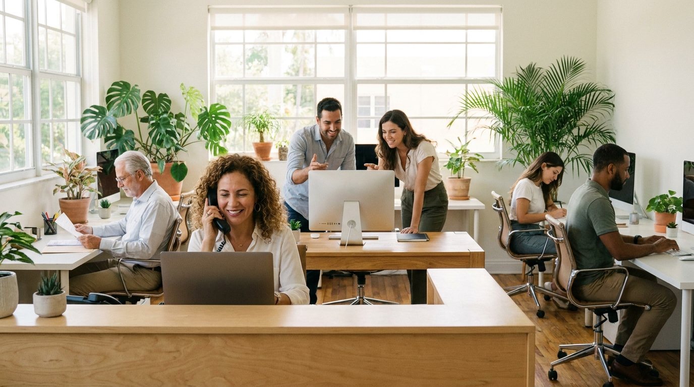 The same office, calm and working in sync