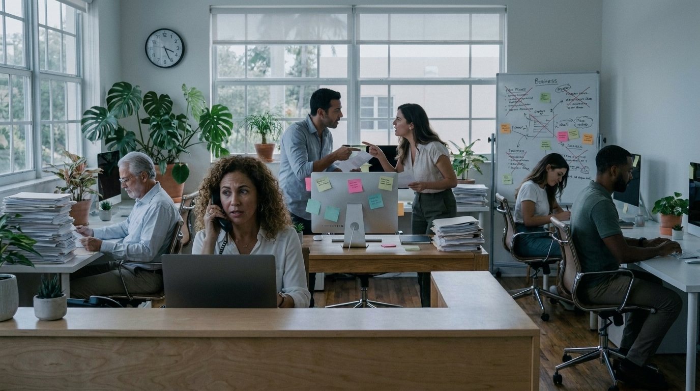 A busy office where coworkers disagree and the front desk is unsure on a call